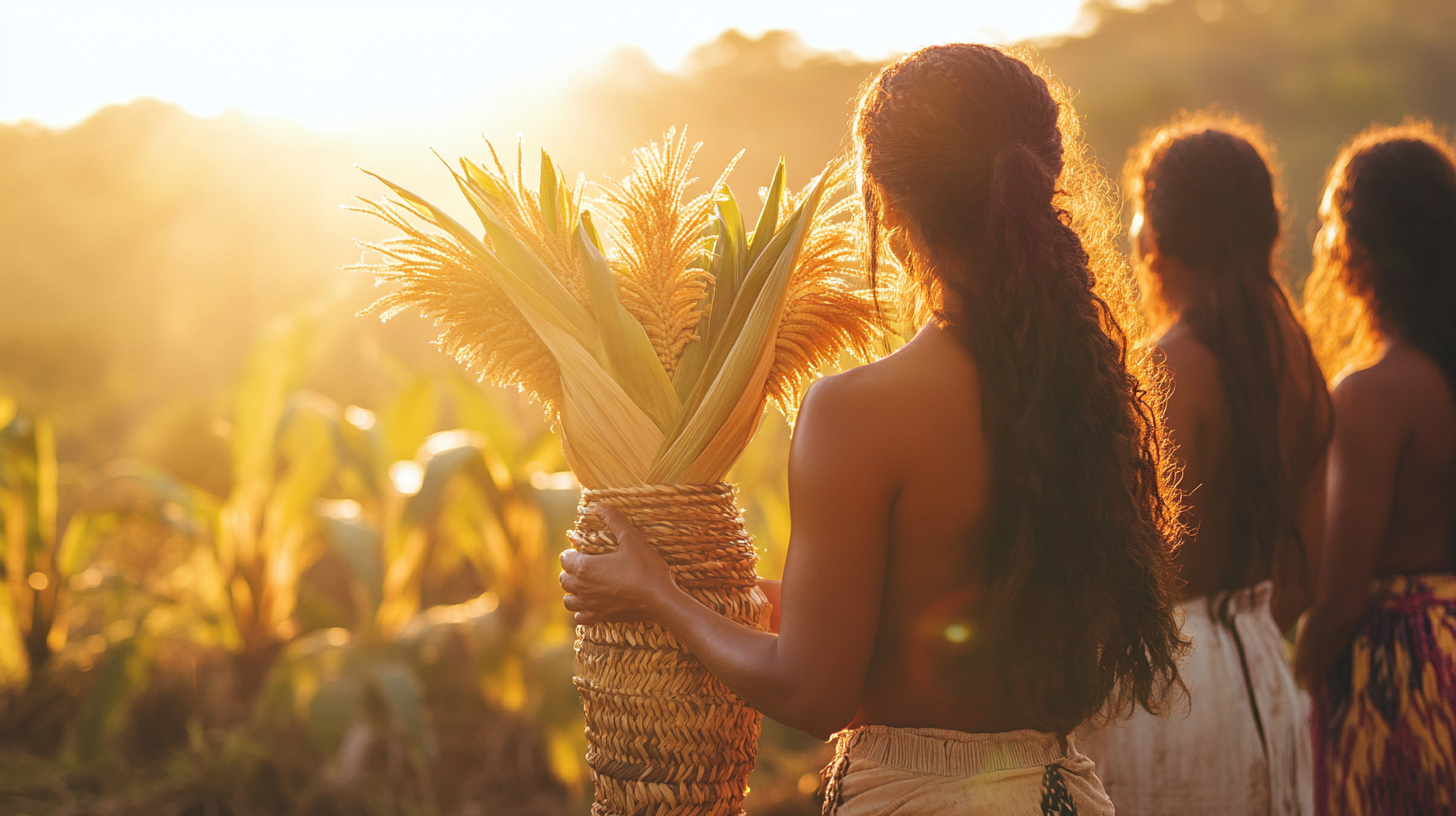 Brazilian women in traditional clothes with corn husk vase.