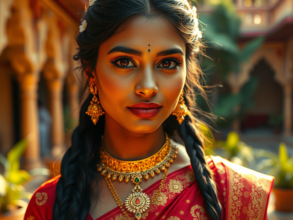 Breathtaking Indian woman in traditional attire in Indian palace.