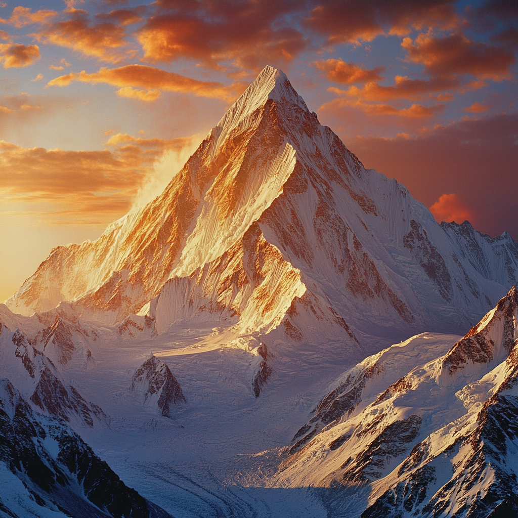 Breathtaking view of K2 at sunset, stunning details.