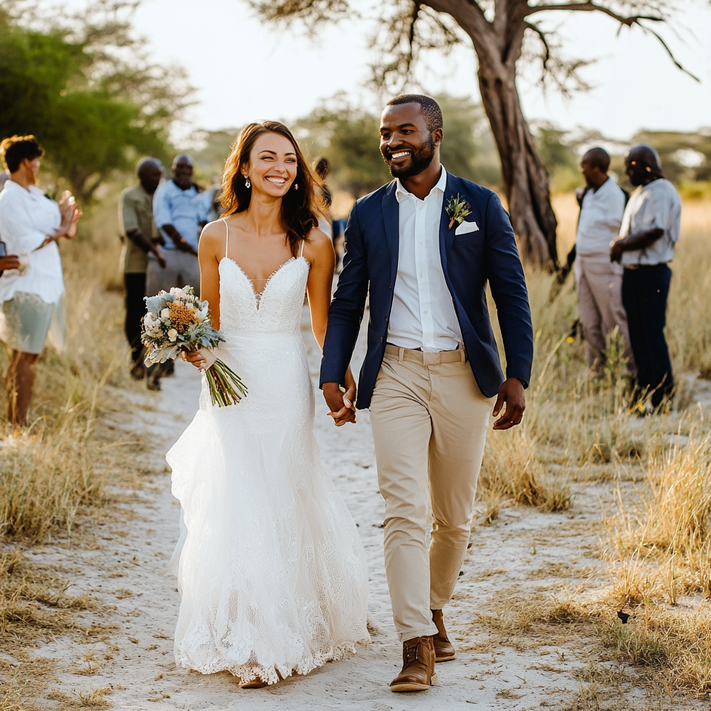 Bride and groom walking in Botswana, happy image.