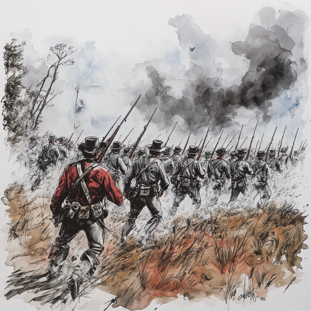 Brigade of confederate soldiers in gray and crimson.