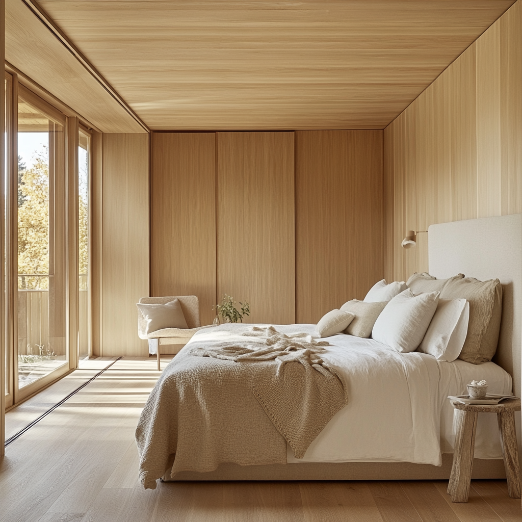 Bright, airy master bedroom with light wood materials.