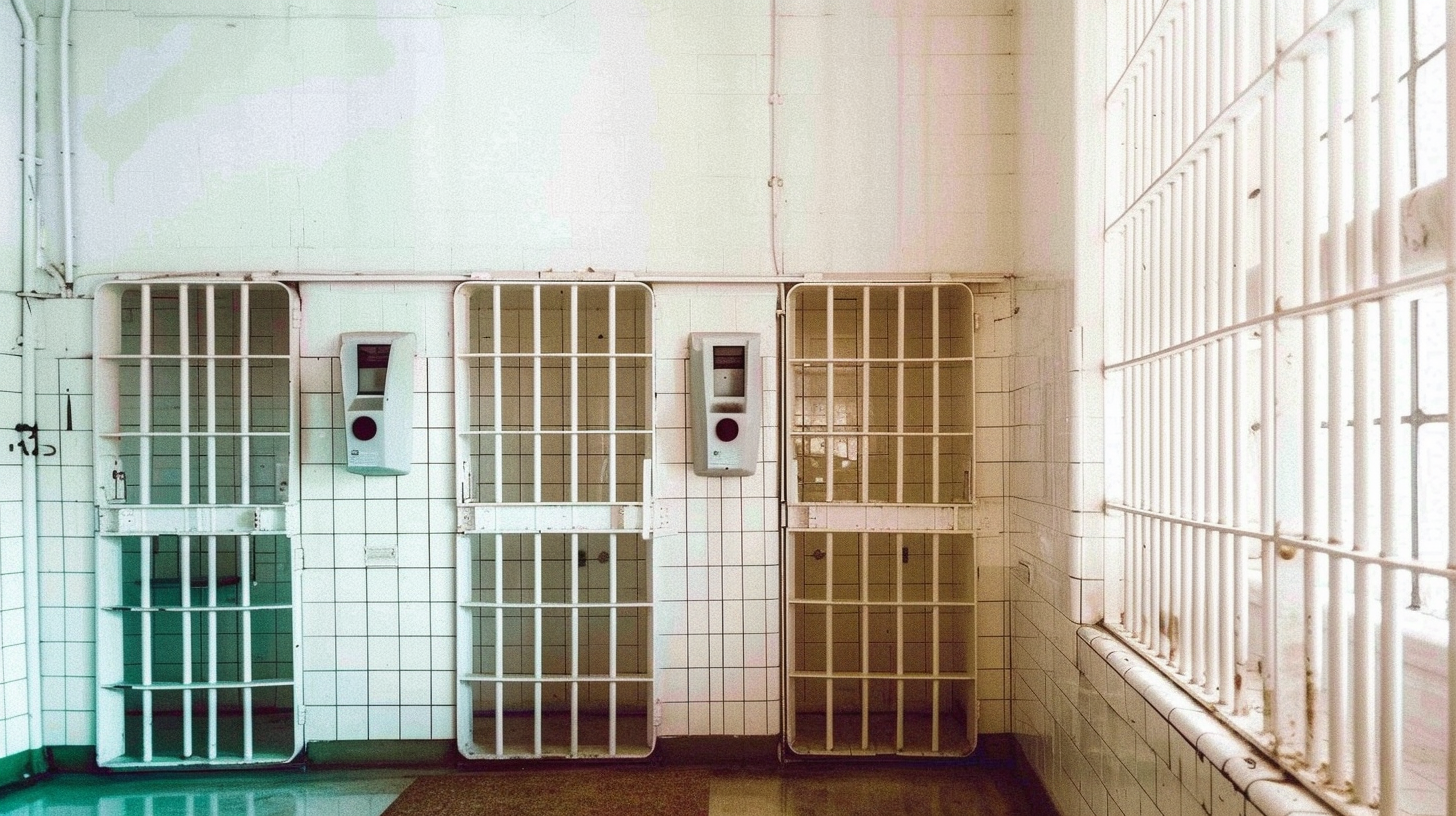 Bright, clinical prison inspection room with metal detector.