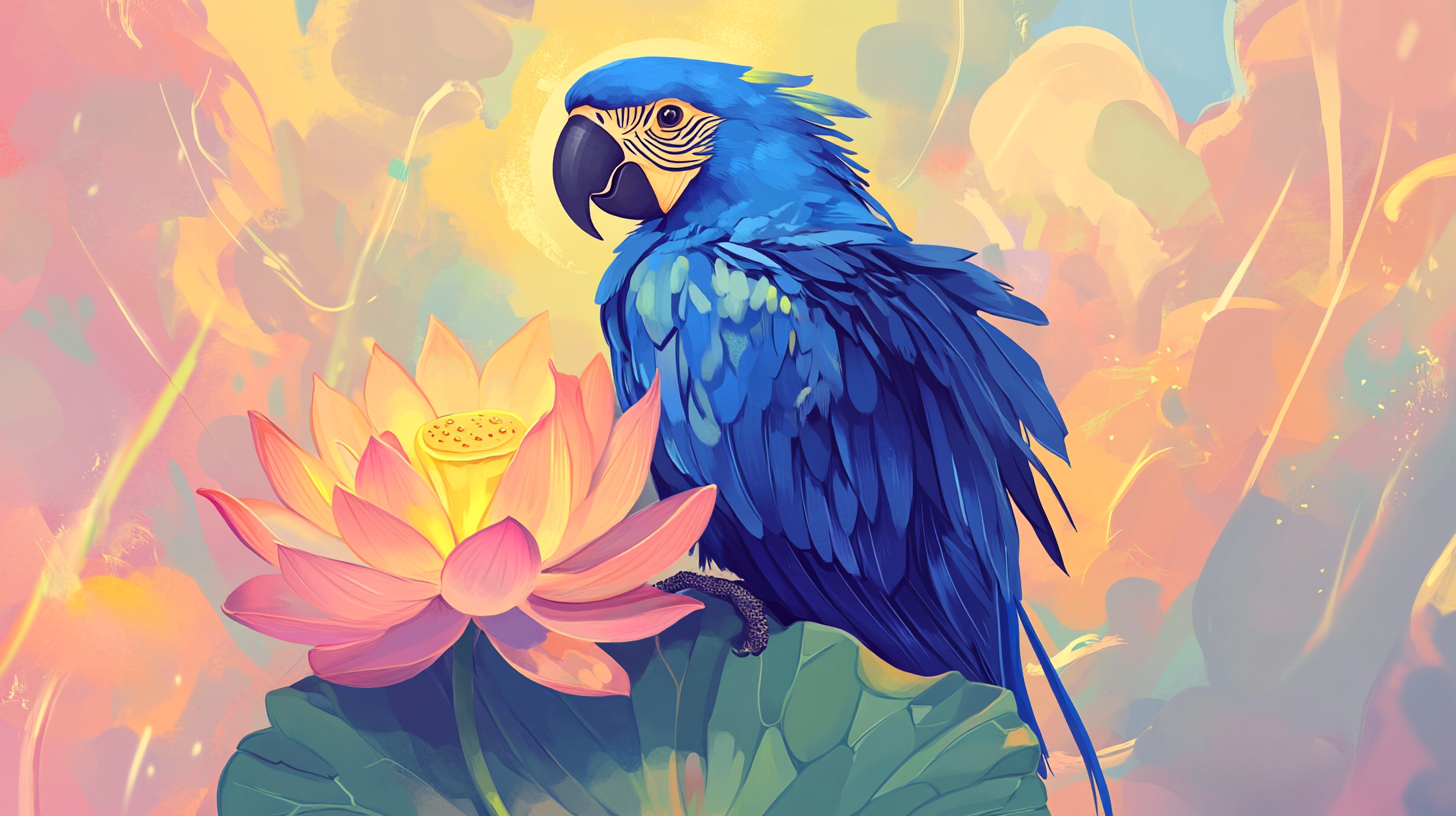 Bright, graceful Hyacinth Macaw Bodhisattva perched on lotus.