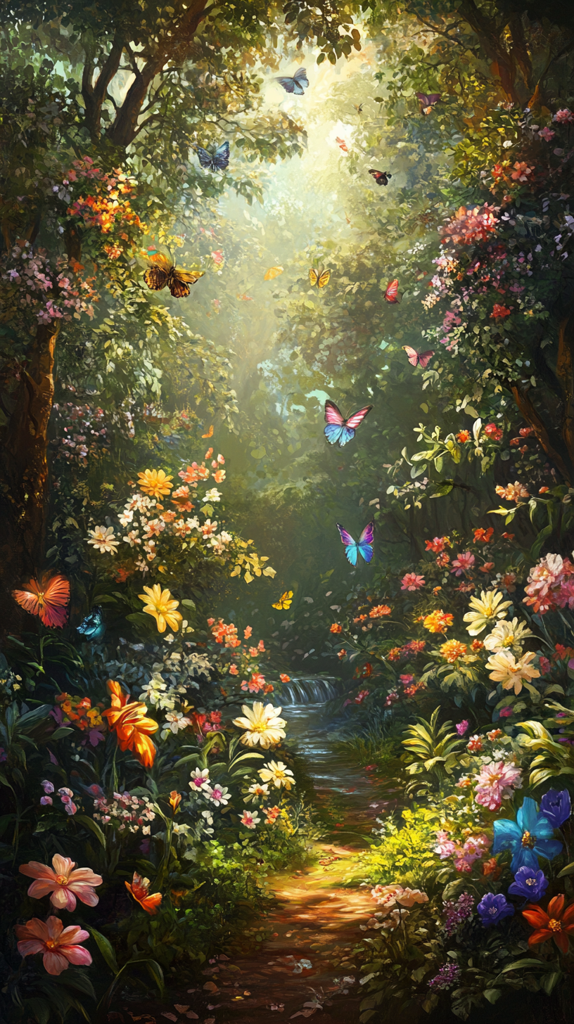 Bright, magical garden with colorful flowers and butterflies fluttering.