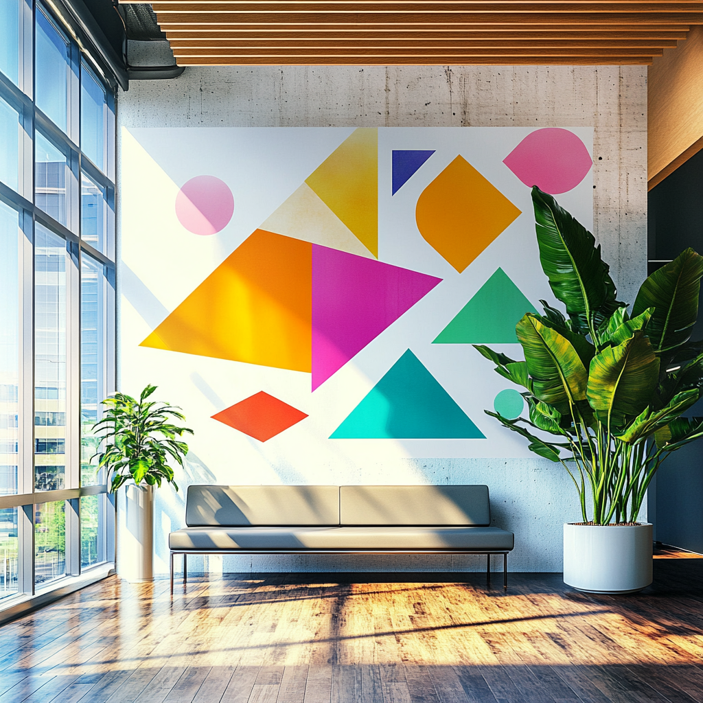 Bright, modern office with geometric vinyl wall print.