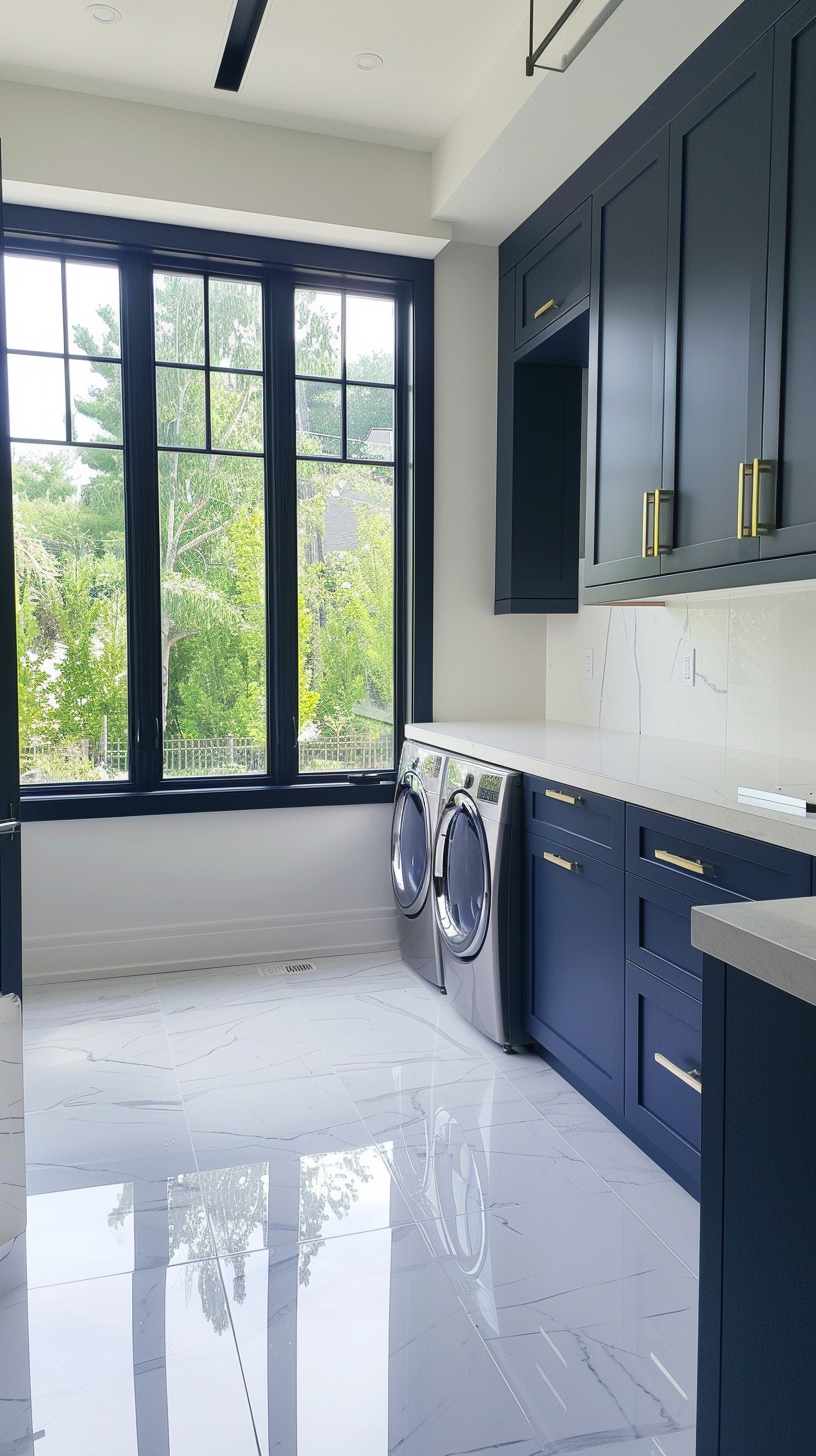 Bright Large Laundry Room with High Ceilings and Navy Blue Cabinetry