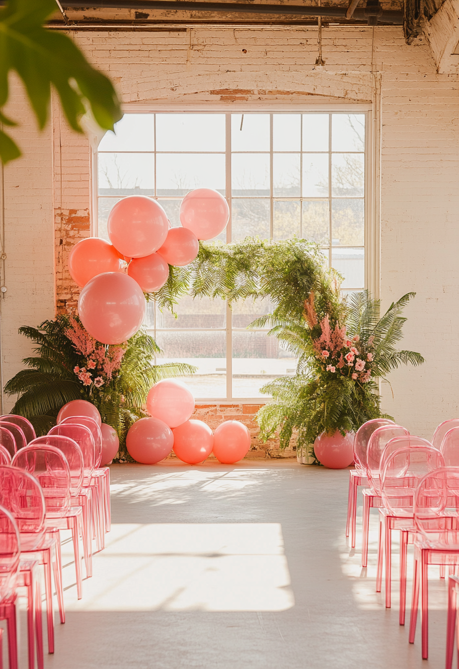 Bright Pink Balloons And Maroon Decor Wedding Ceremony