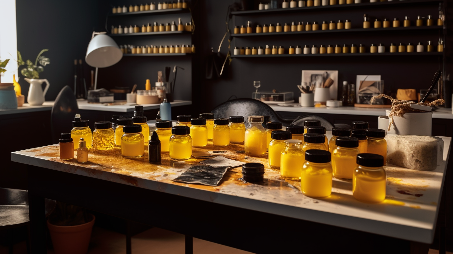 Bright Skincare Lab with Yellow Walls and Black Table