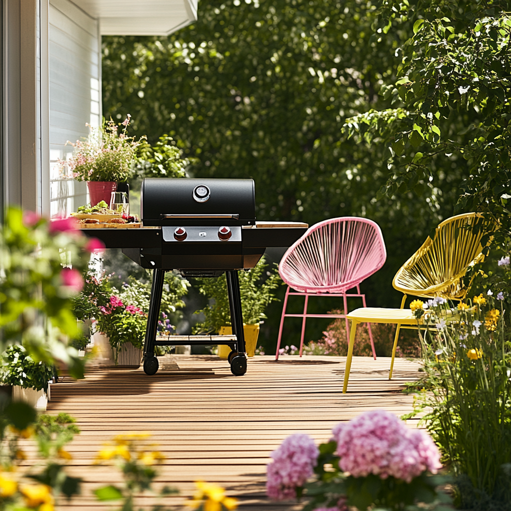 Bright Spring Backyard Scene with Kettle BBQ & Chairs