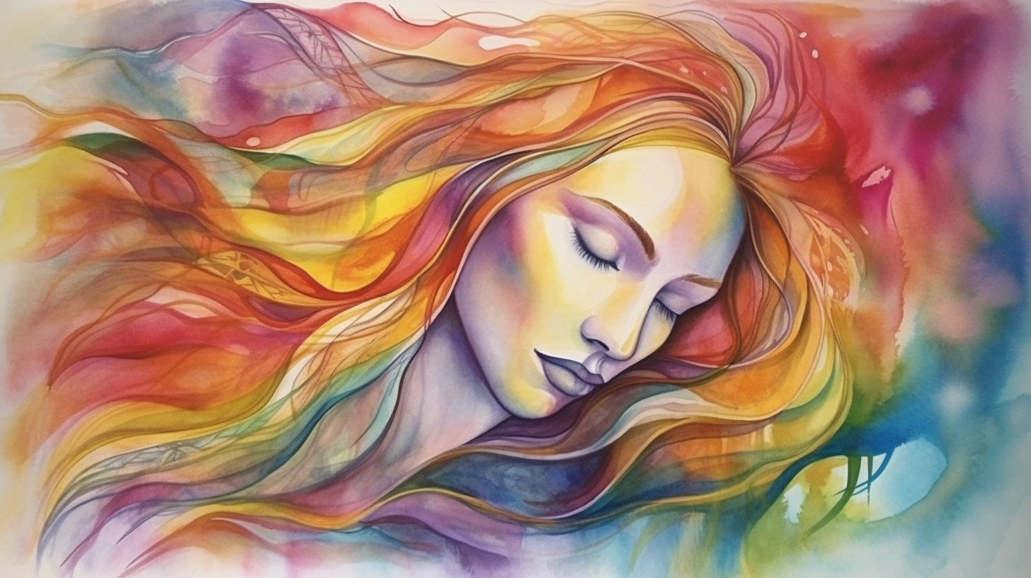 Bright Watercolor Art with Woman Meditating Mystically