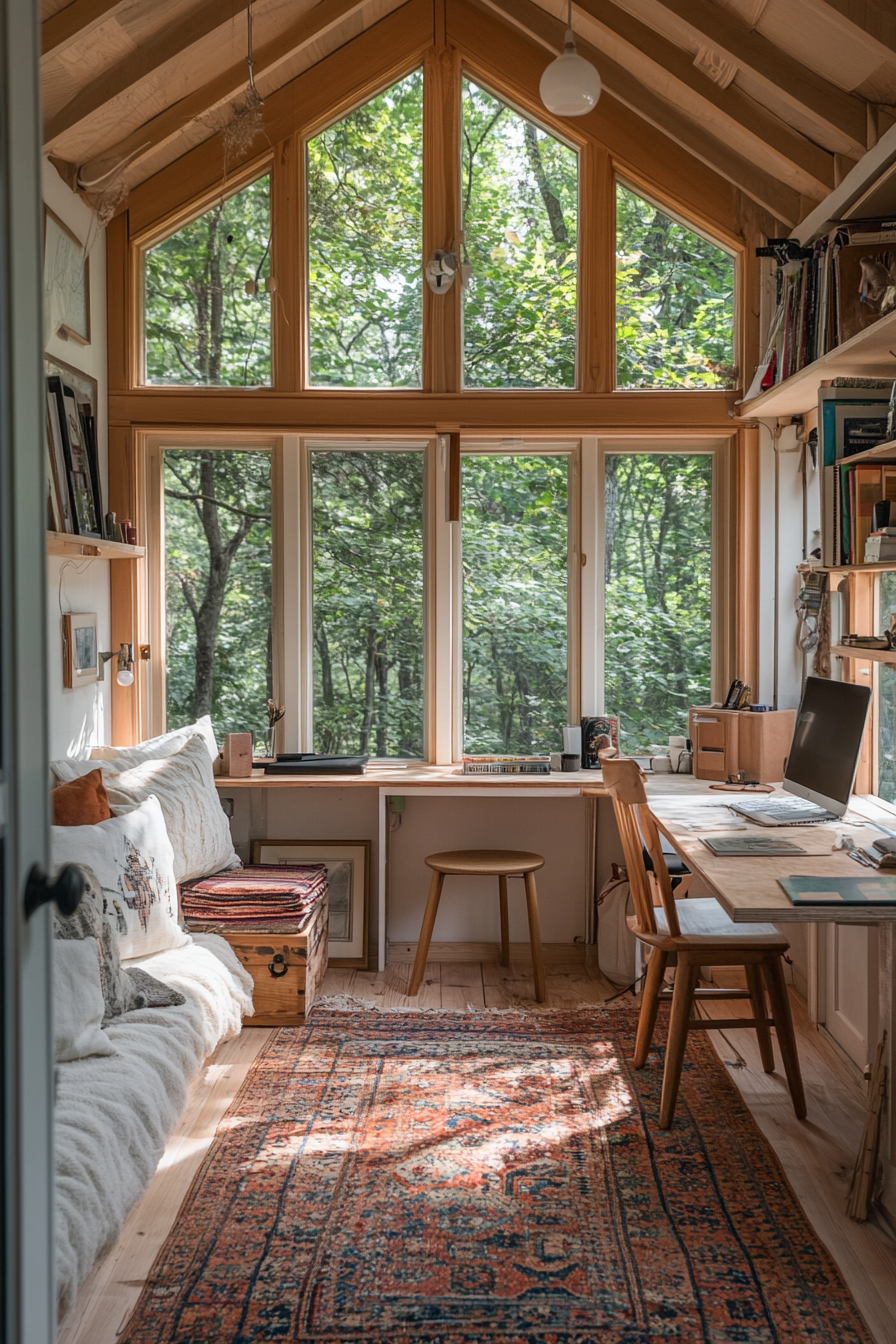 Bright and airy studio in small cabin setting.