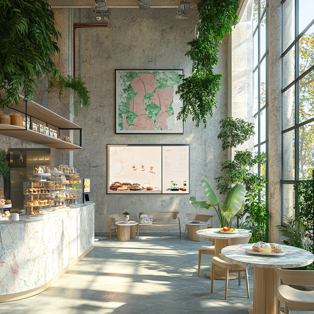 Bright and modern cafe interior with nature-friendly design.