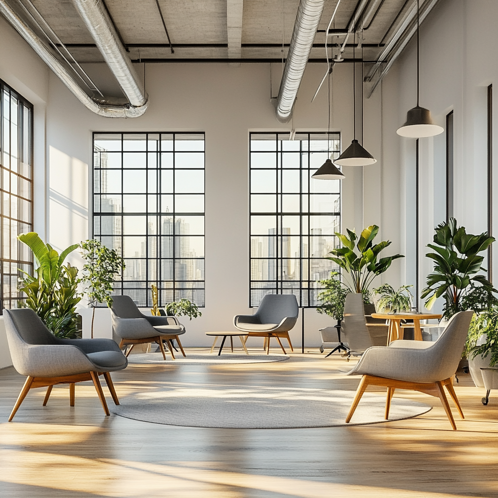 Bright and welcoming office open space with gray chairs