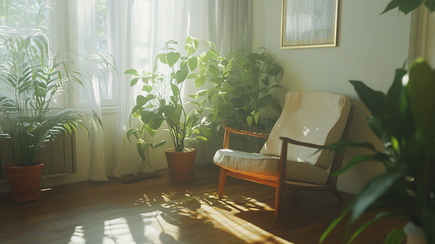 Bright apartment room with plants and natural light.