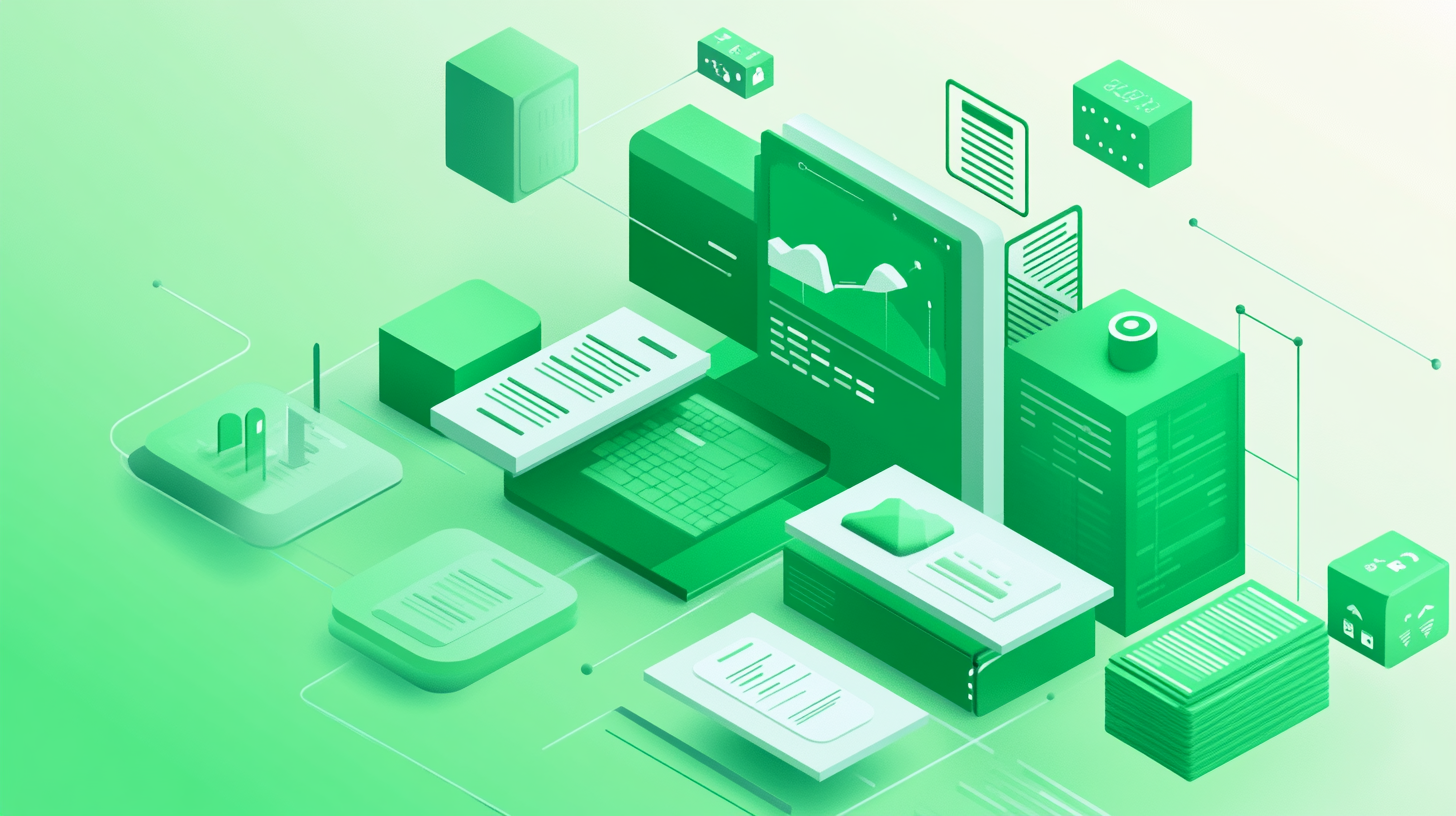 Bright background image for in-house data portal. Green and white colors used to make it lively. 3D modeling for used database. AR 16:9.