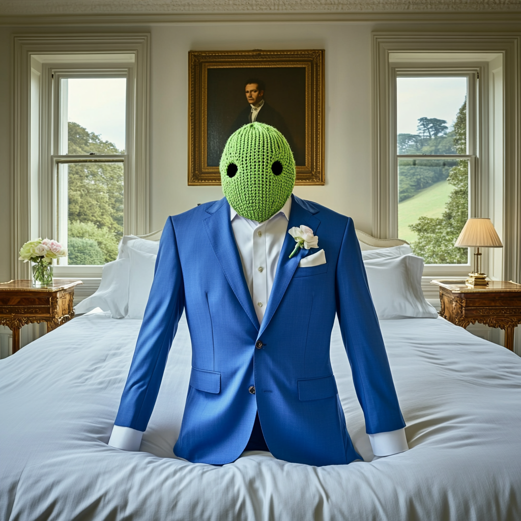 Bright blue suit on bed with ski-mask.