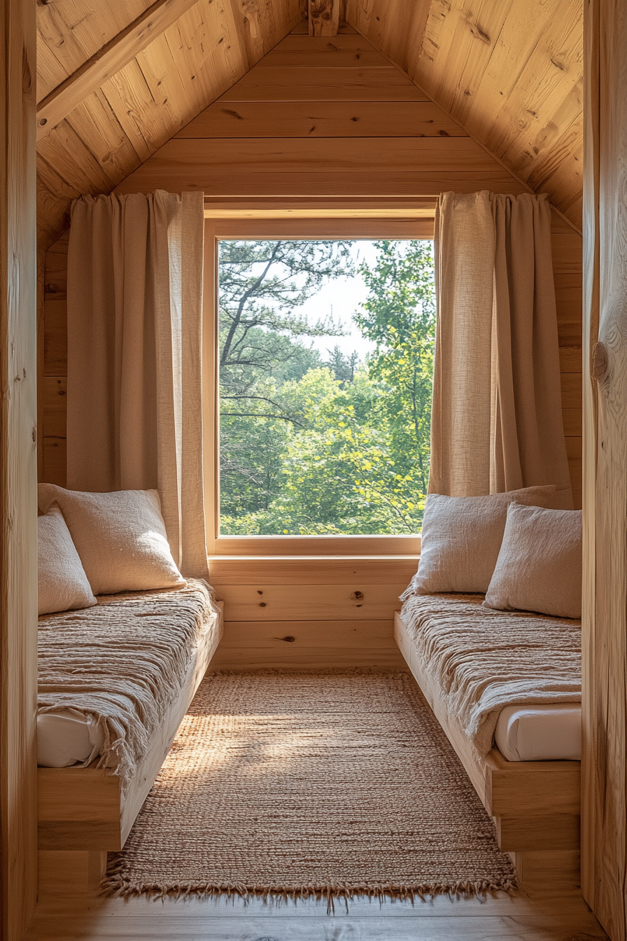 Bright cabin bedroom with skylights and wide windows.