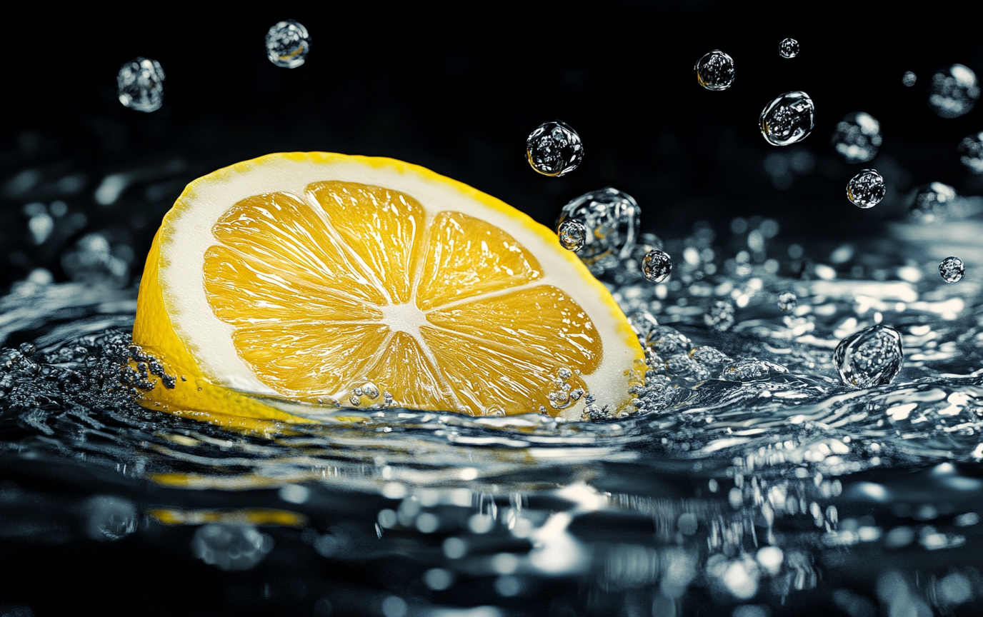 Bright citrus lemon slice in sparkling water, cinematic lighting.