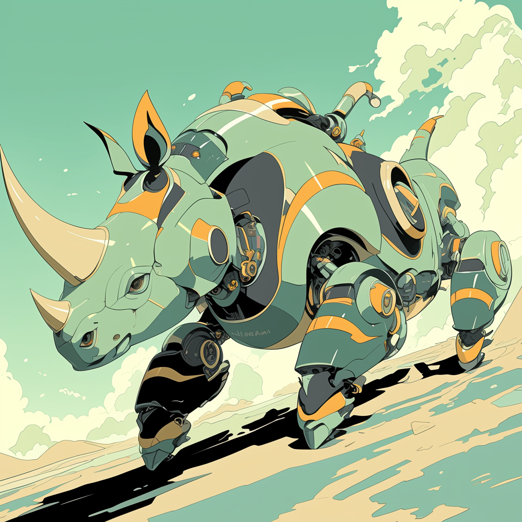 Bright colored rhinoceros robot in cyberpunk desert.