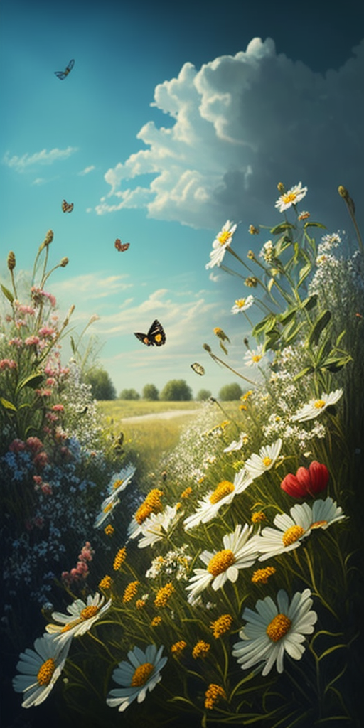 Bright garden with flowers, grass, butterflies, bees, blue sky.