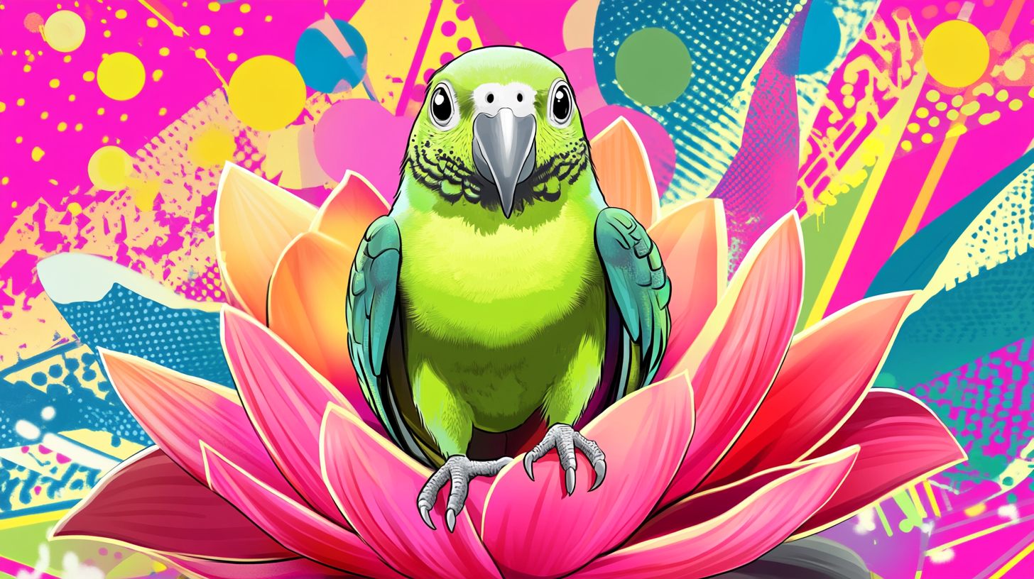 Bright green Quaker parrot as Bodhisattva on lotus flower.