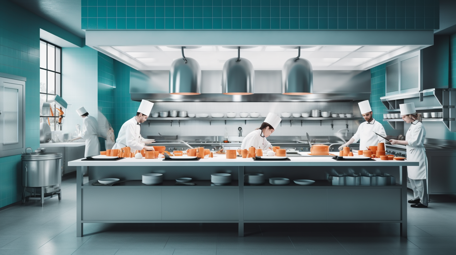 Bright modern kitchen with men and women working together.