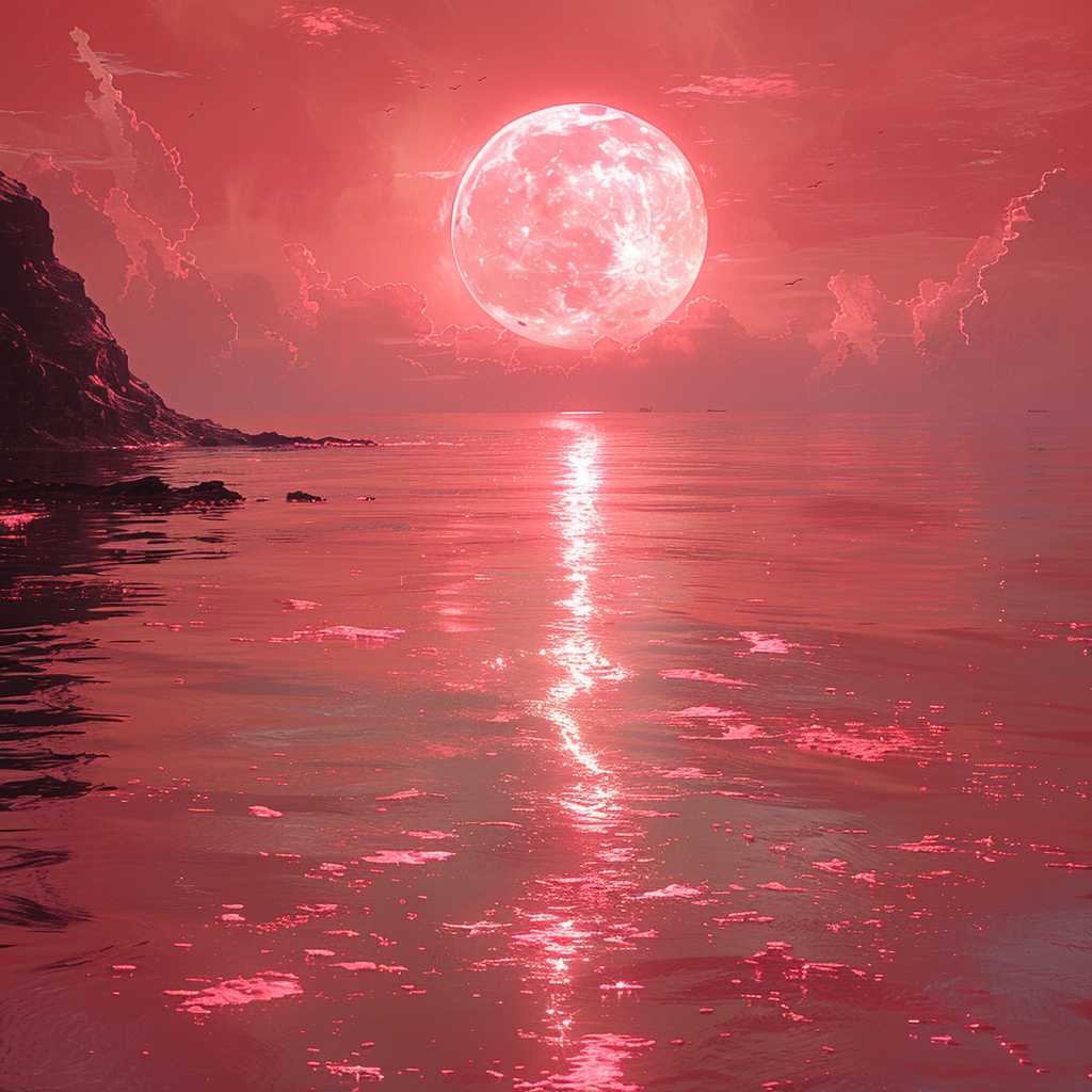 Bright moon shines on calm sea; scattered red lines.