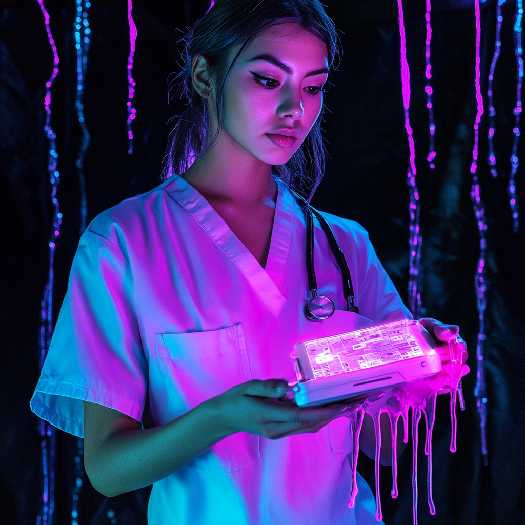 Bright neon technician scans small medical device packages.