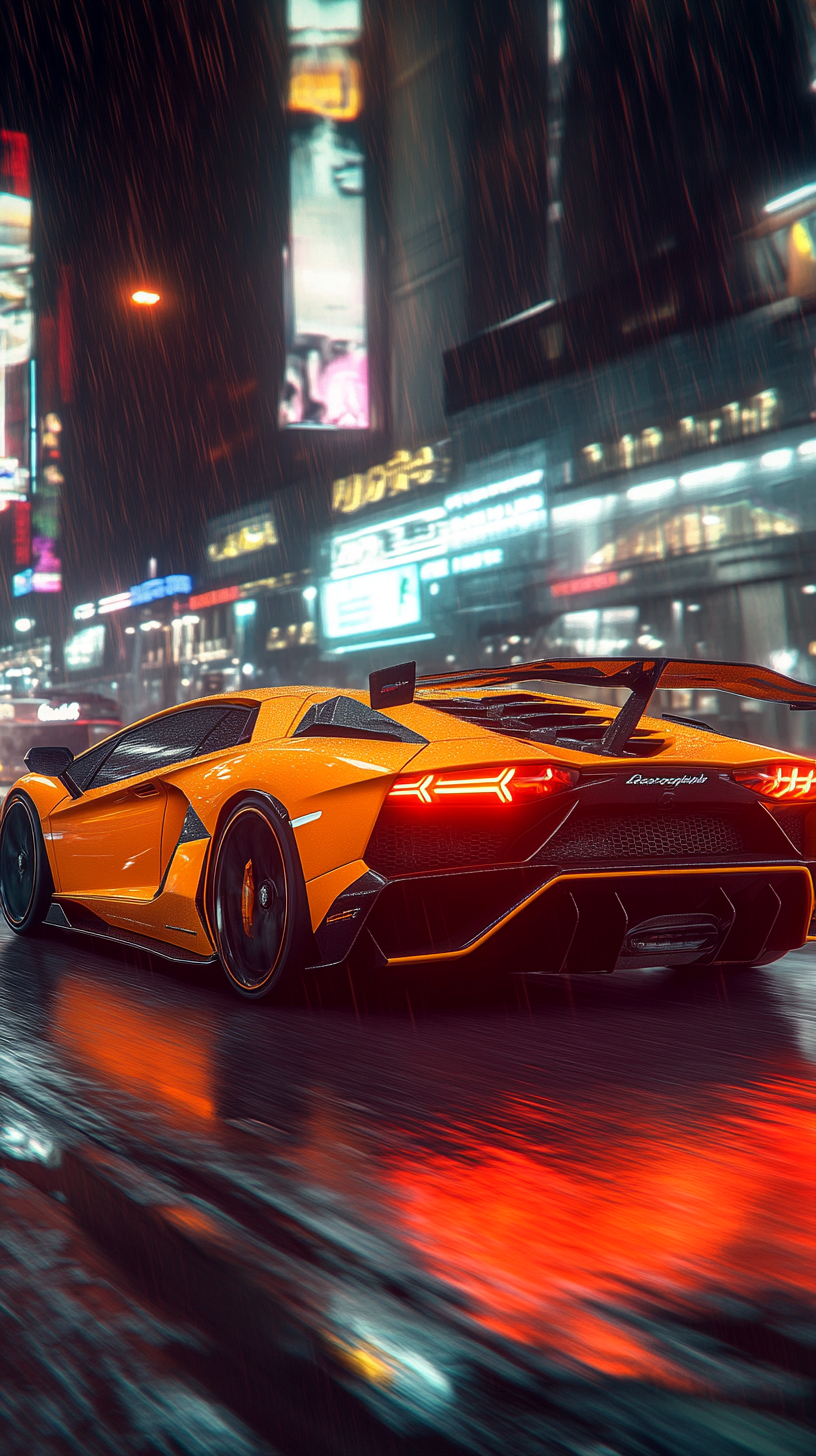 Bright orange Lamborghini Aventador SVJ racing in futuristic city.