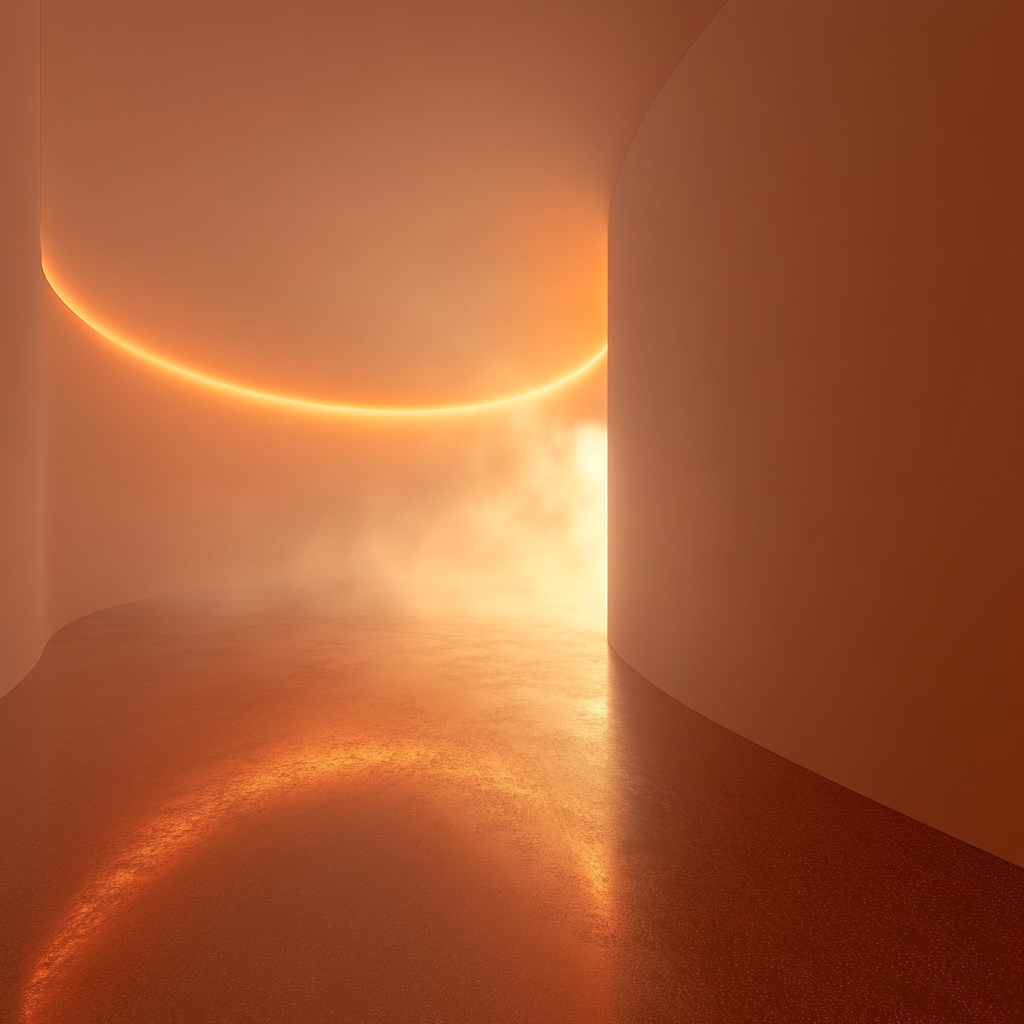 Bright orange light cutting through smoke-filled museum room.