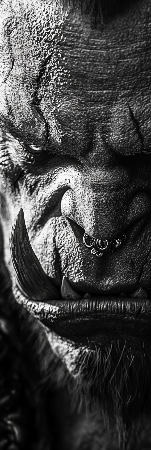 Bright outdoor portrait of textured orc with detailed features.