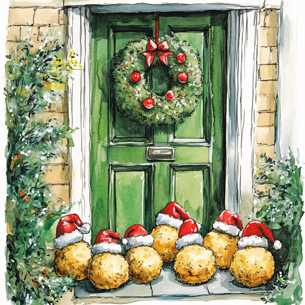 Bright red and green Christmas front door illustration.