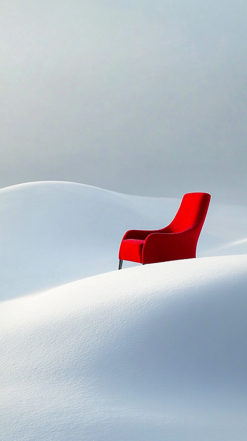 Bright red chair in snowy field, inviting and tranquil.