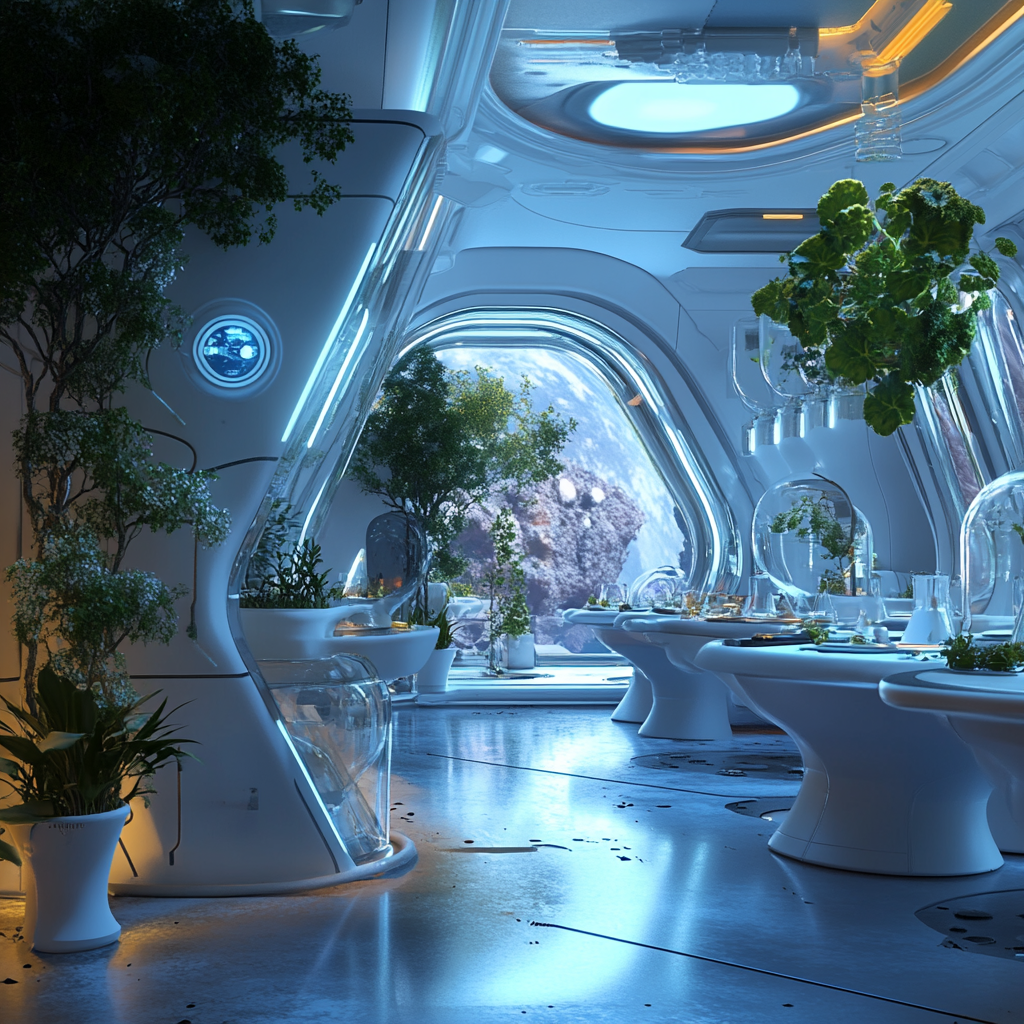 Bright space style restaurant interior with plants and bacteria.