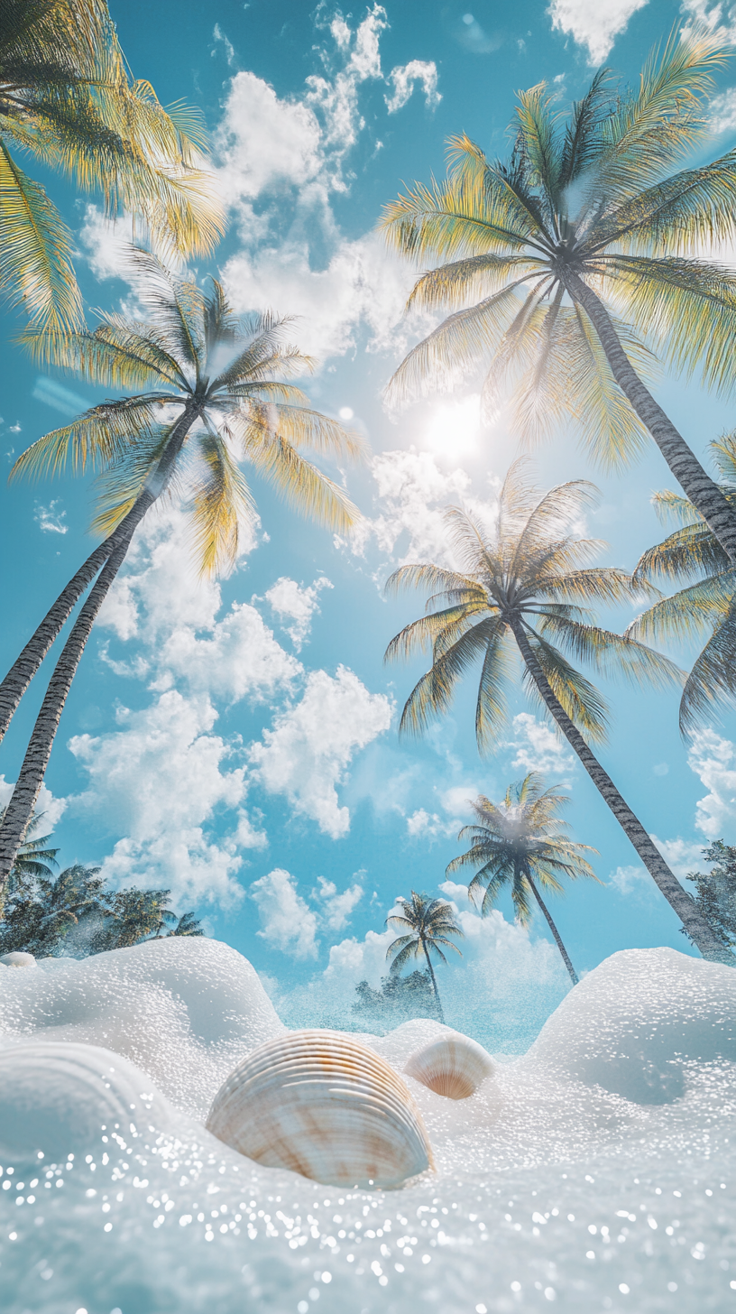 Bright sun, trees, water, foam, shells in high-res design, AR 9:16.