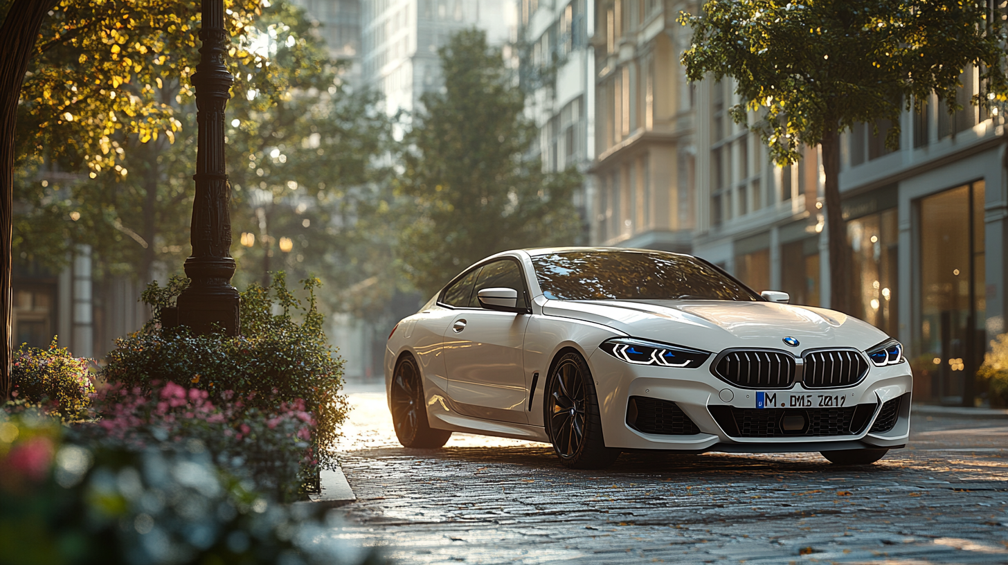 Bright white BMW on city street, expertly photographed by Fincher.