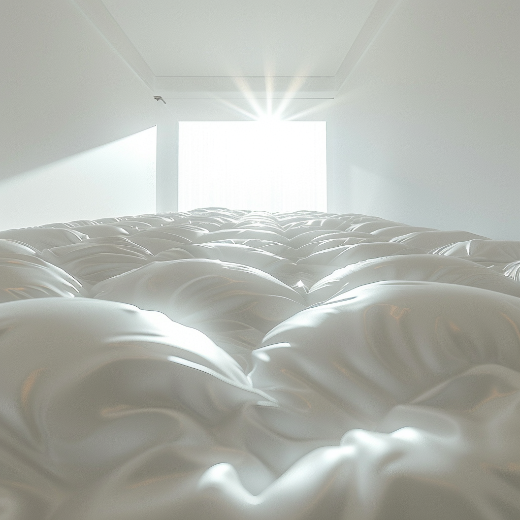 Bright white mattress captured from low angle with sunlight