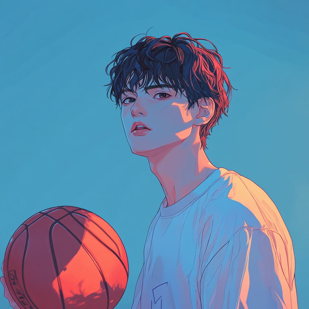 Bright young man holds basketball in anime setting.