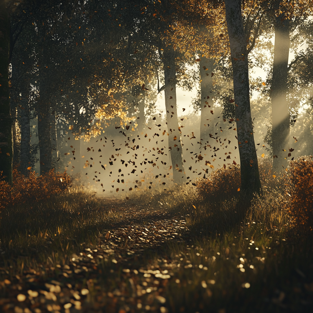 Brightly lit forest with giant trees, windy cinematic shot.