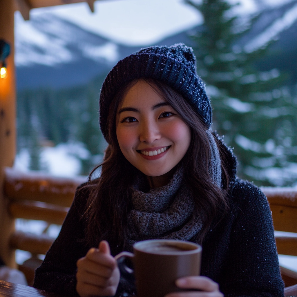 Brightly smiling Korean woman in snowy mountain cabin