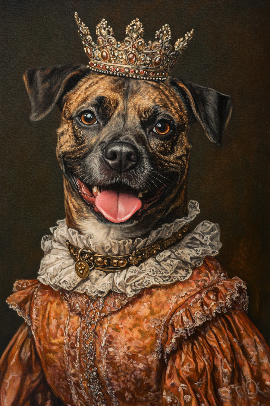 Brindle labrador terrier mix wearing renaissance dress painting.