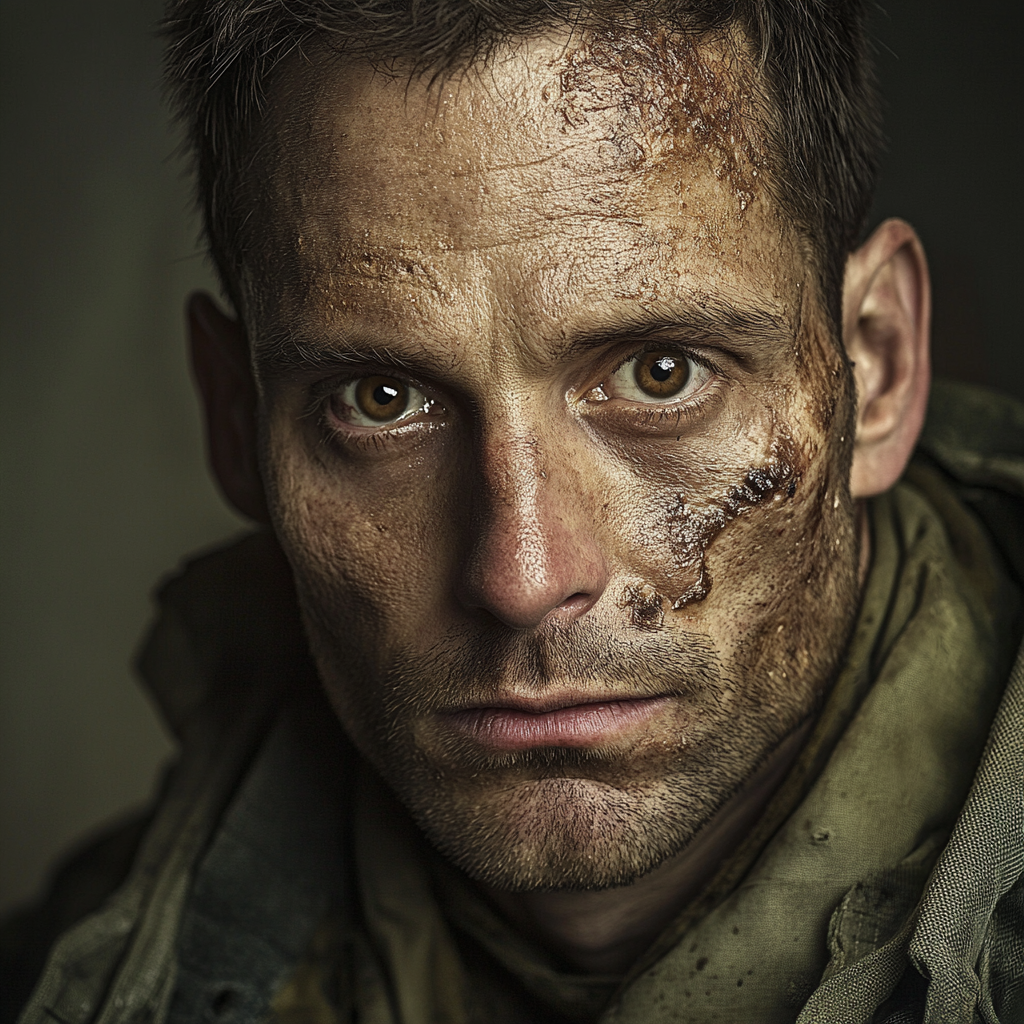 British Soldier with Intense Brown Eyes and Scars