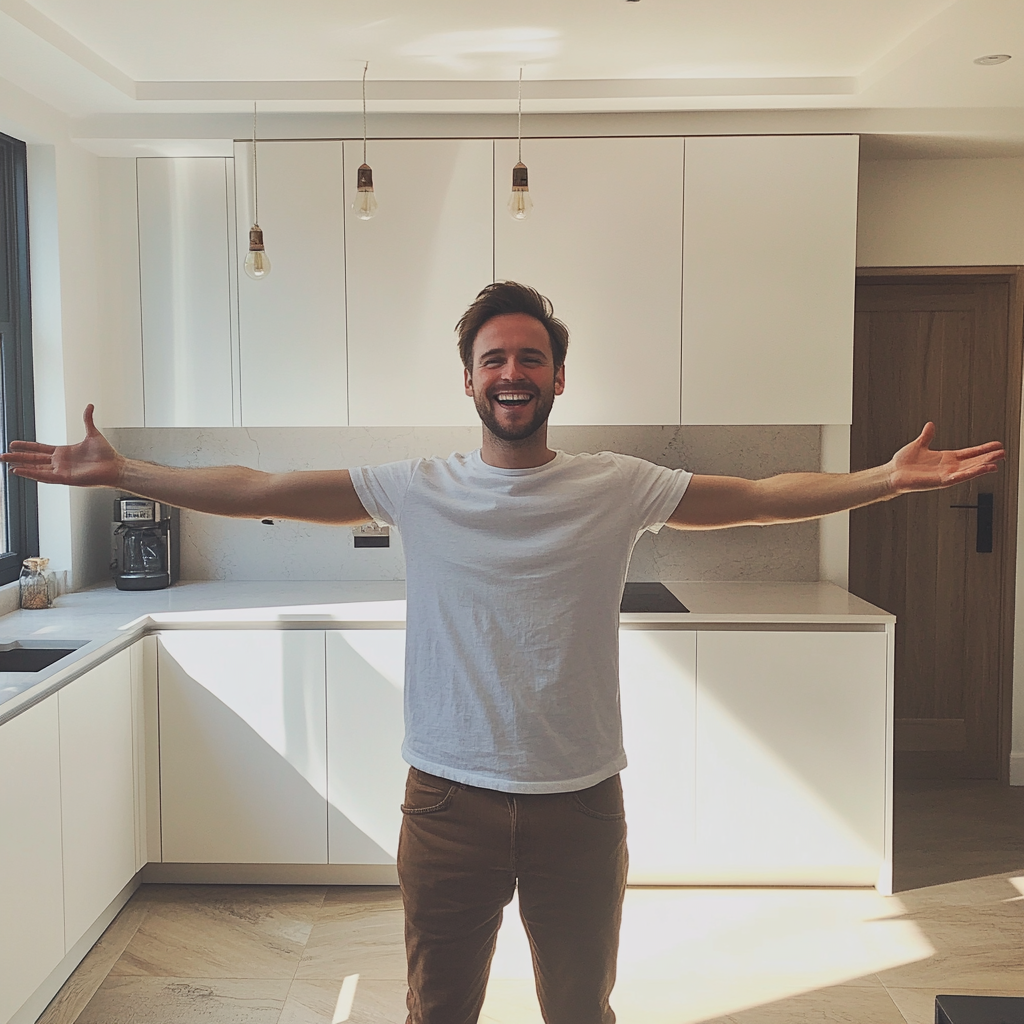 British man happily standing in renovated kitchen, natural light.