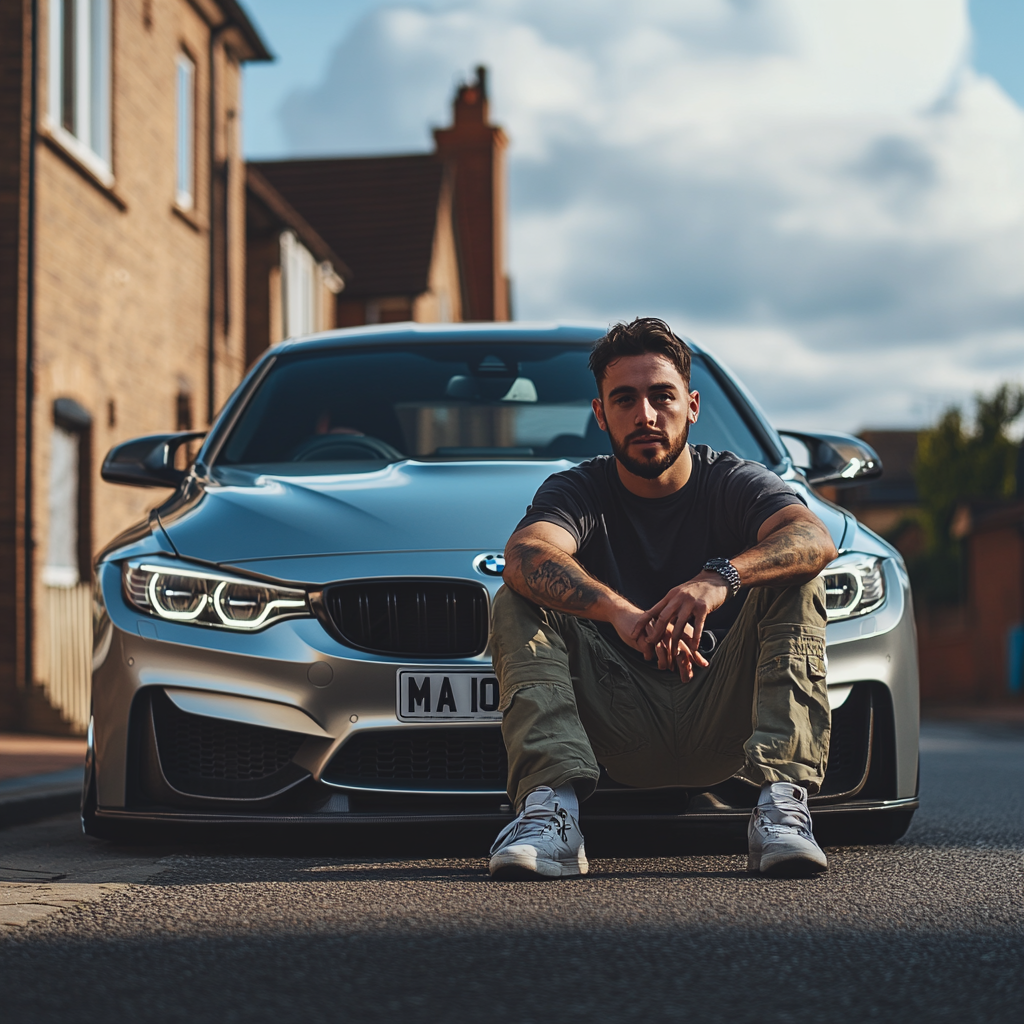 British man in cargo pants next to BMW car.