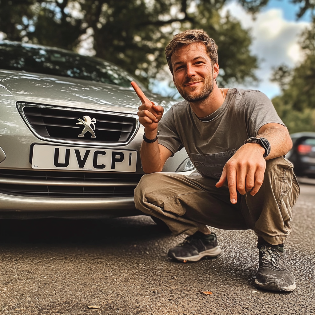 British man in photograph with his Peugeot car.