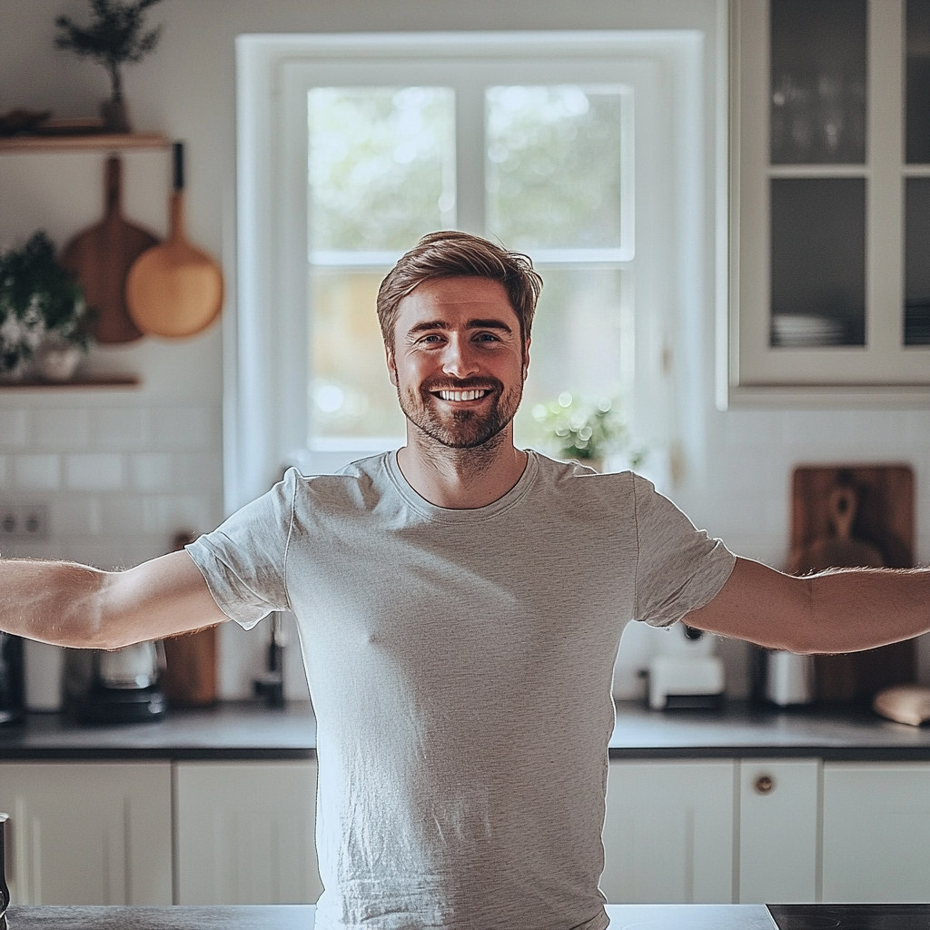 British man in renovated kitchen looking happy. Full body.