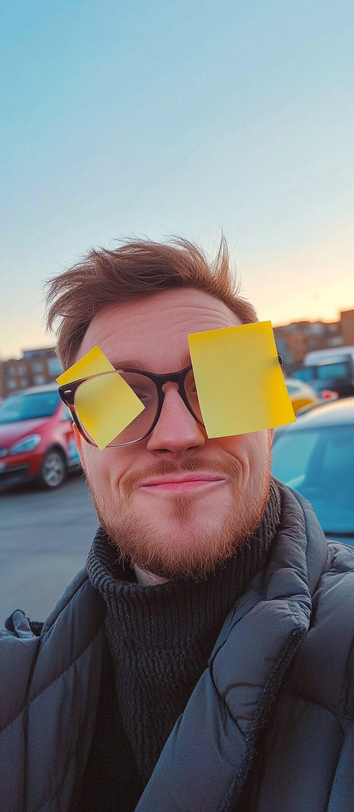 British man in selfie with post-it notes and car.