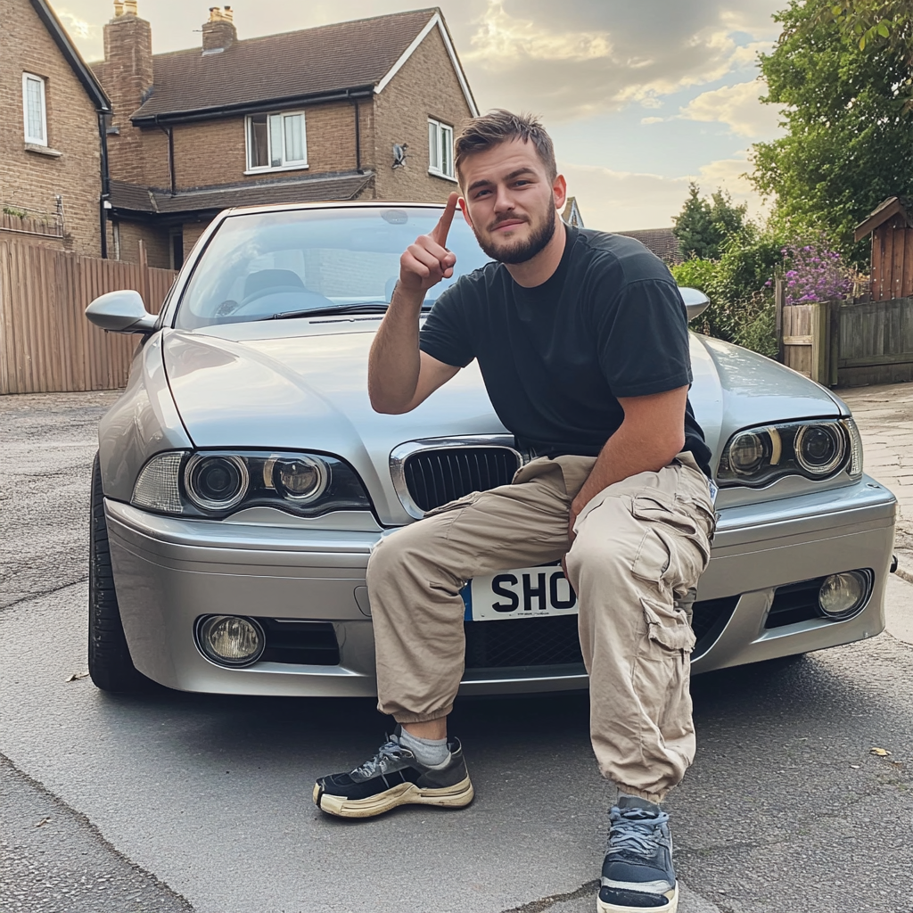 British man next to car, pointing up, Manchester background