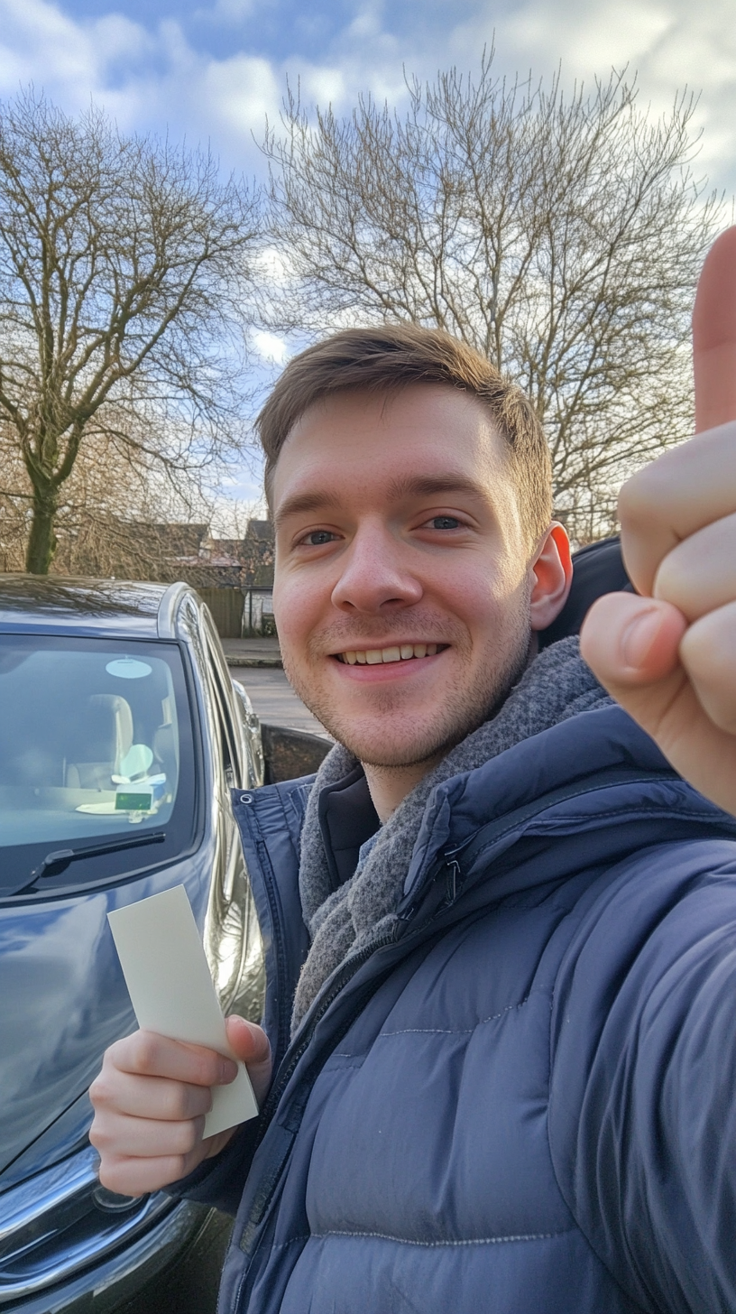 British man takes selfie in Manchester parking lot.